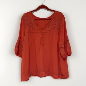 Solitaire‎ Womens Blouse Top  3X Coral V Neck Crochet Eyelet Boho Peasant